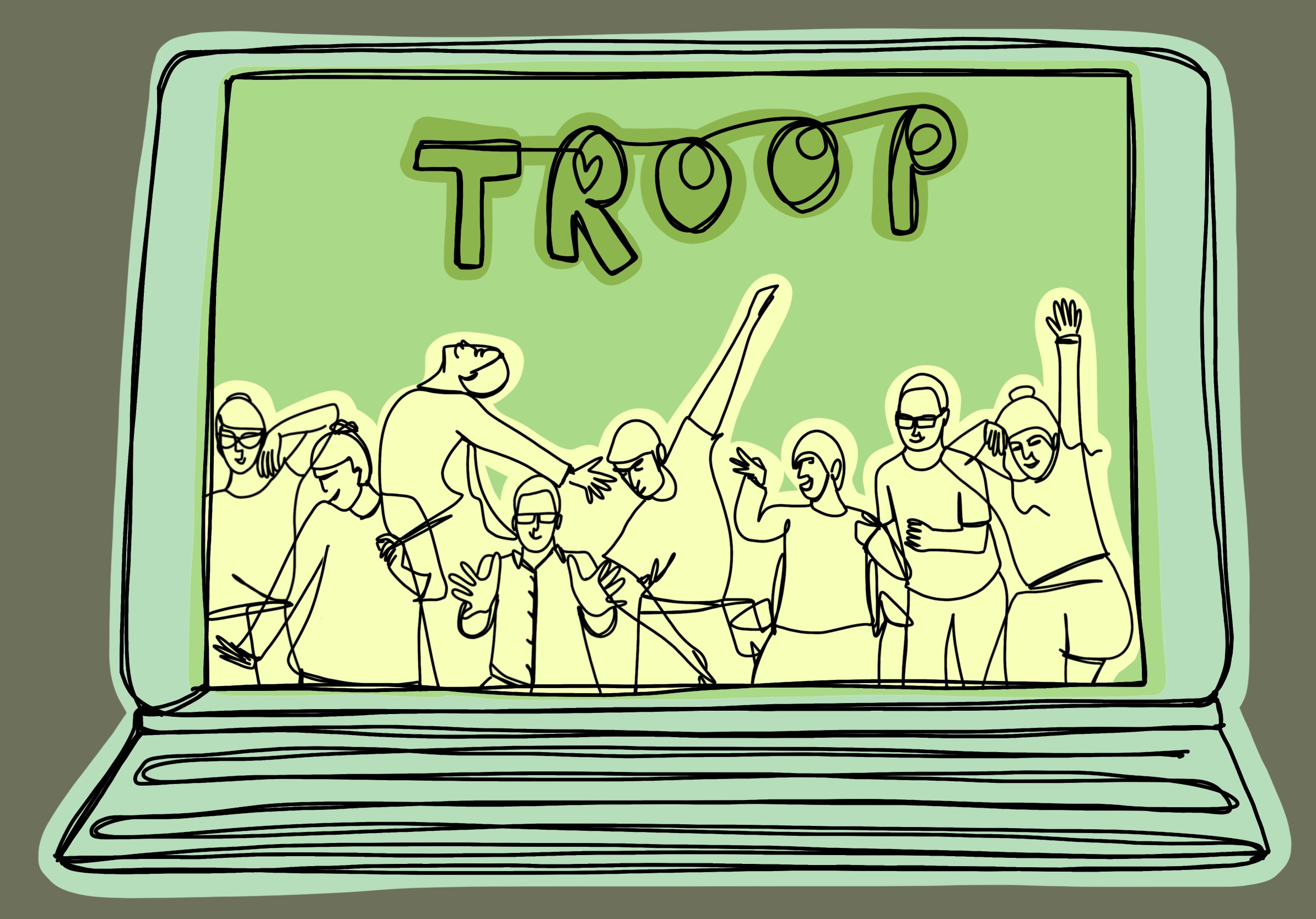 continuous digital line drawing of an inclusive dance group called Troop. They meet online, so are shown in a computer screen.