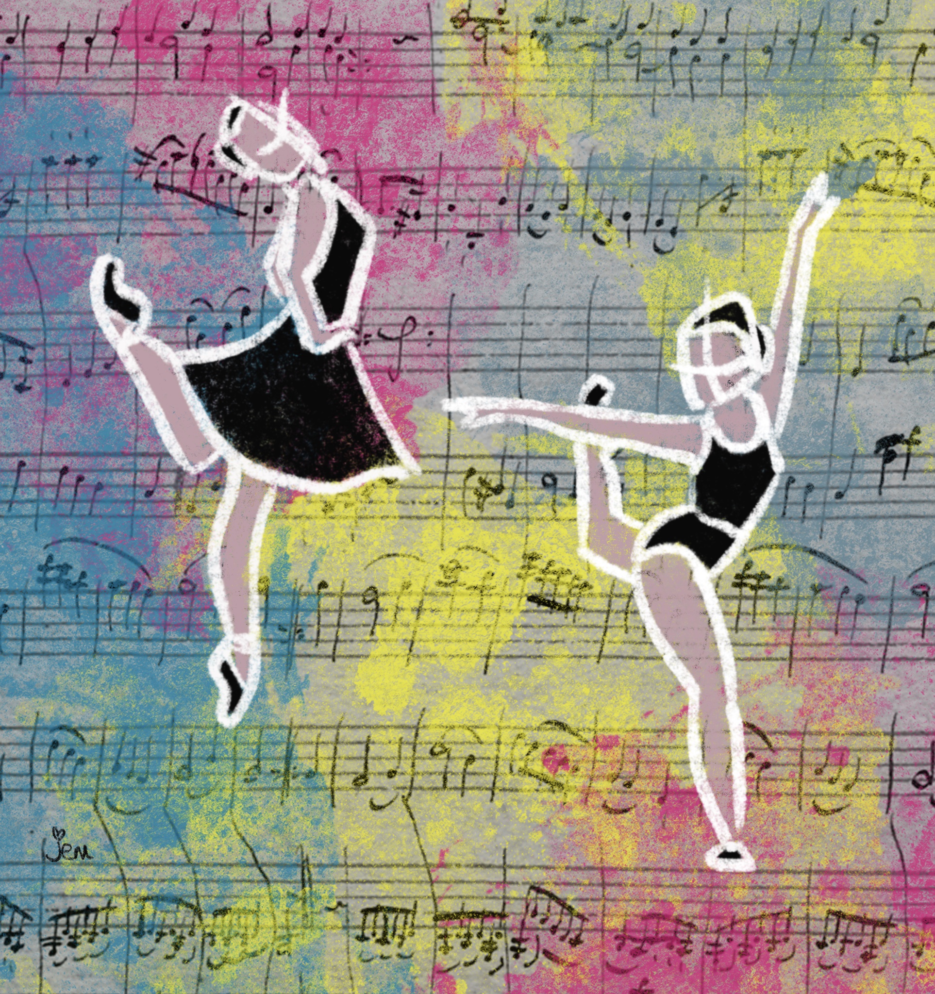 A drawing of two ballet dancers. The background is a sheet of music drawn by hand. Over the top are multiple colours which appear almost like clouds.