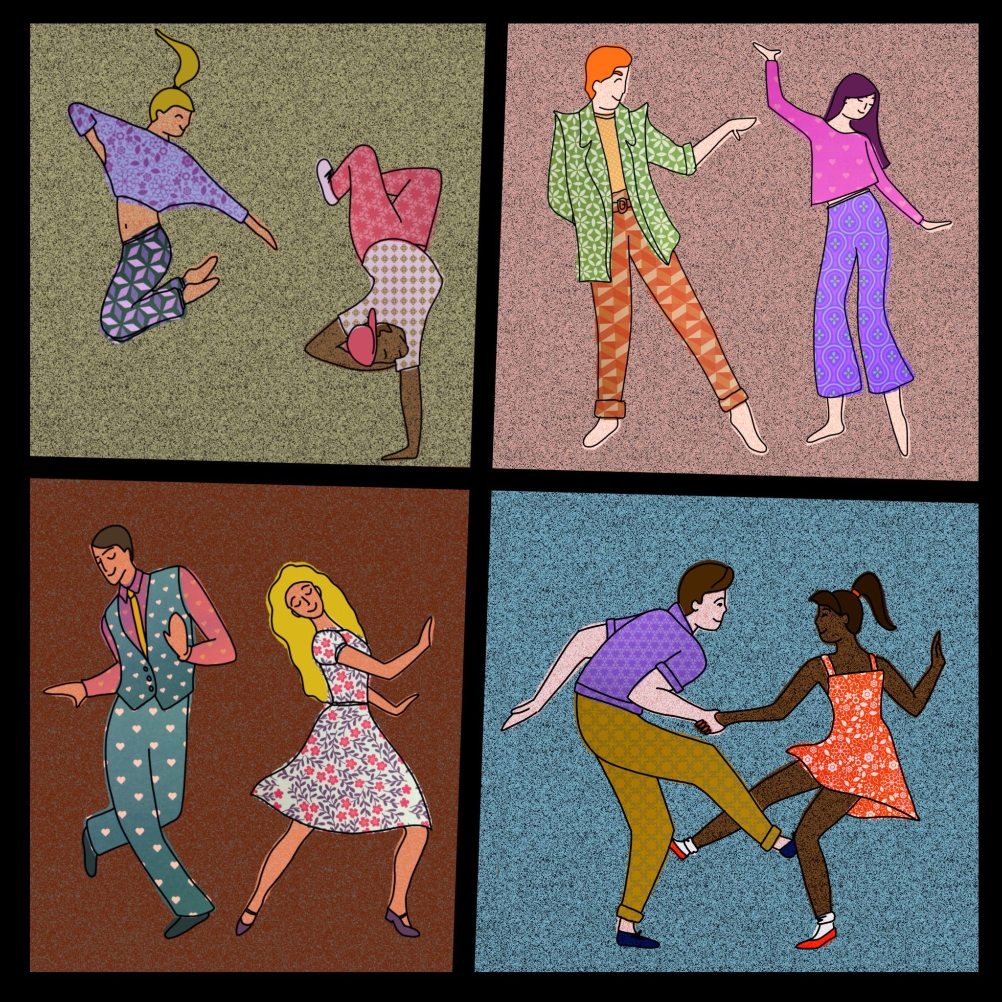 Digital drawing set into four parts. Each part features two dancers, one male and one female, in a different movement style. All the dancers smile, it is a happy picture.