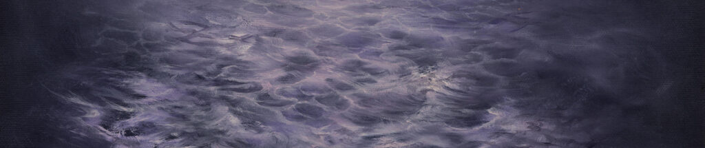 A semi abstract painting that is light in the centre and fading to black at the edges. Soft but energetic clouds swirl in the purple-grey sky. The water is calm and flat, but it's surface is alive with many small waves and ripples. They are highlighted with the warm light of the clouds. 
