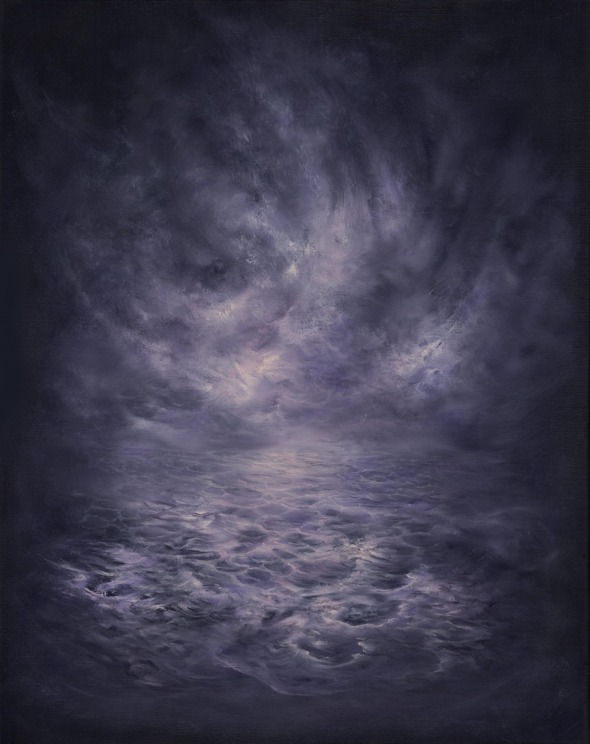 A semi abstract painting that is light in the centre and fading to black at the edges. Soft but energetic clouds swirl in the purple-grey sky. The water is calm and flat, but it's surface is alive with many small waves and ripples. They are highlighted with the warm light of the clouds. 