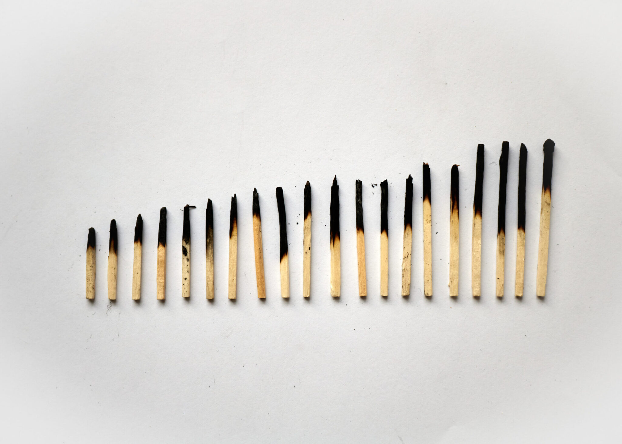 20 matchsticks that have been lit and charred at one end are aligned in order of height. On the left is the shortest charred match and on the right is the longest. The background is bright white and contrasts greatly with the blackness of the charring.