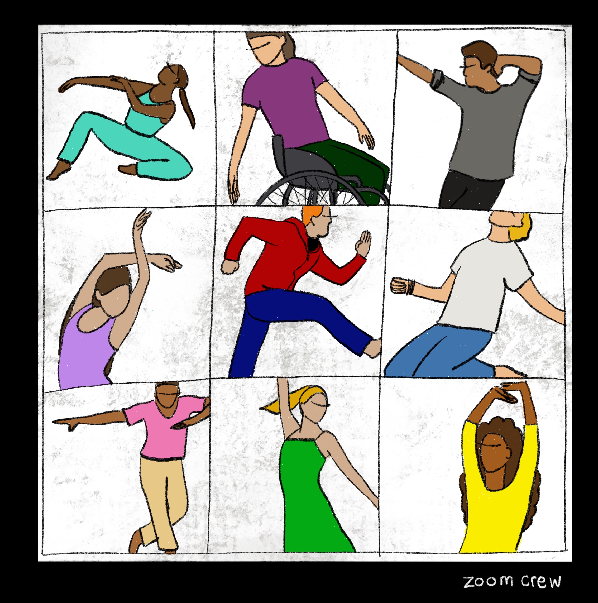Digital pencil drawing of a dance crew on zoom. The picture is split into nine boxes each with a different dancer in a different pose captured mid dance.