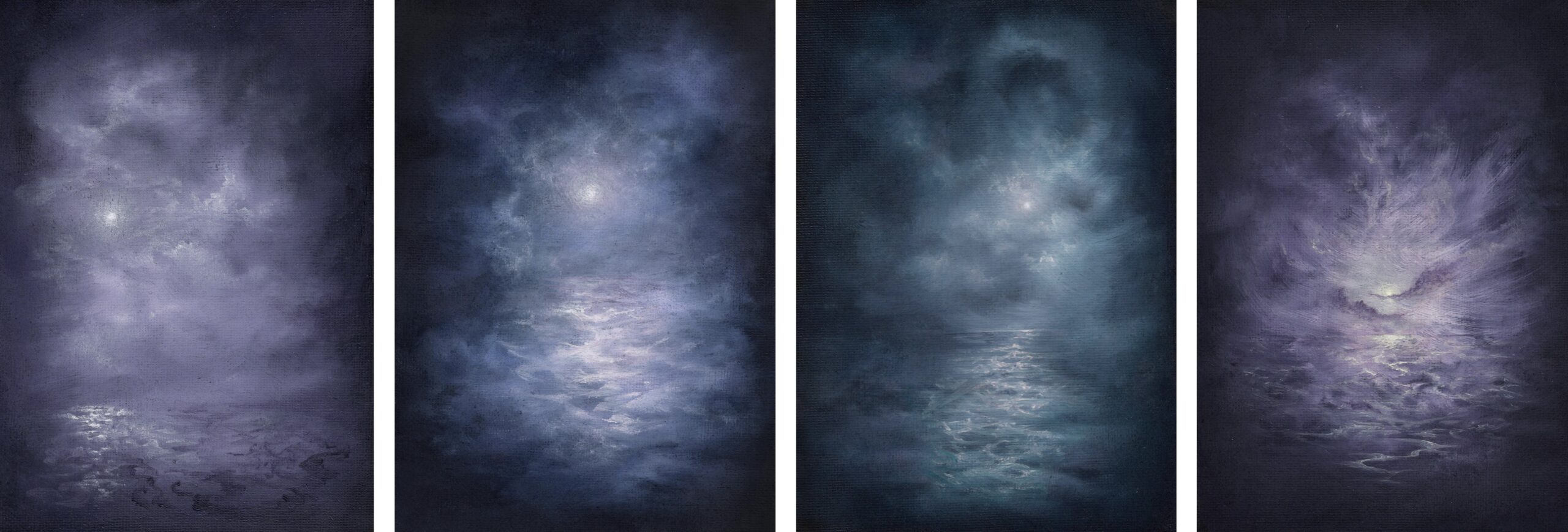 Four small paintings, all featuring a full moon shining through mist, over calm but rippling water. Each painting uses different colours; lilac-grey, ultramarine, and emerald, with highlight of warm pinks and yellows in each. 