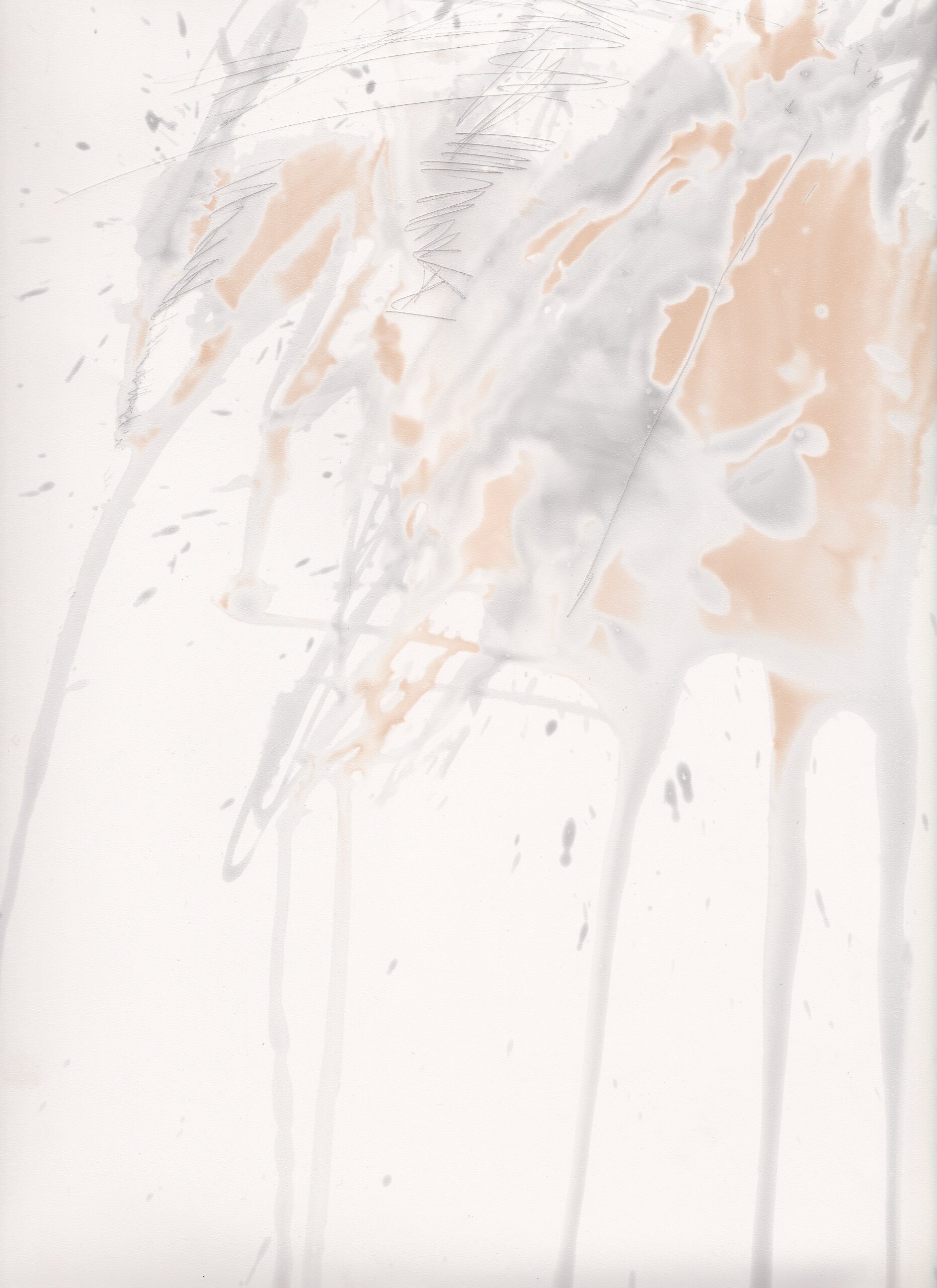 Photograph of drawing showing splashes and drips in grey and beige.