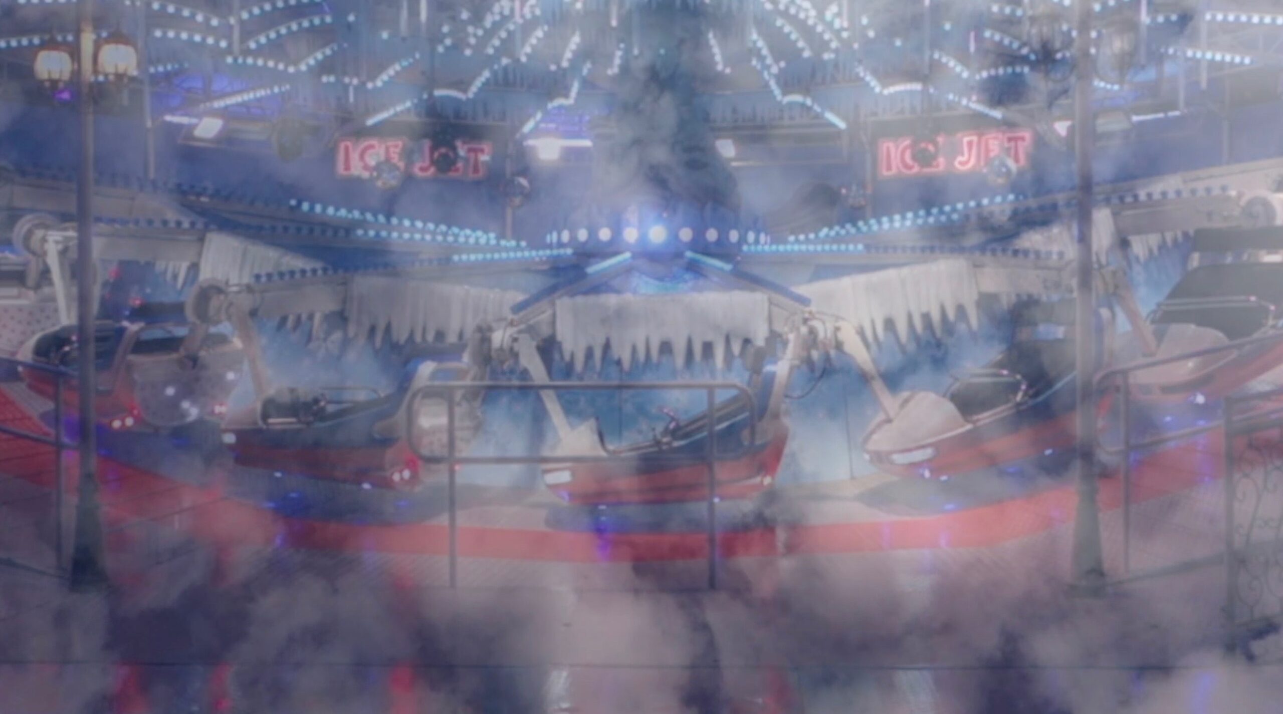 A screenshot of a video who mixed a ice themed fun fair attraction and clouds picture.