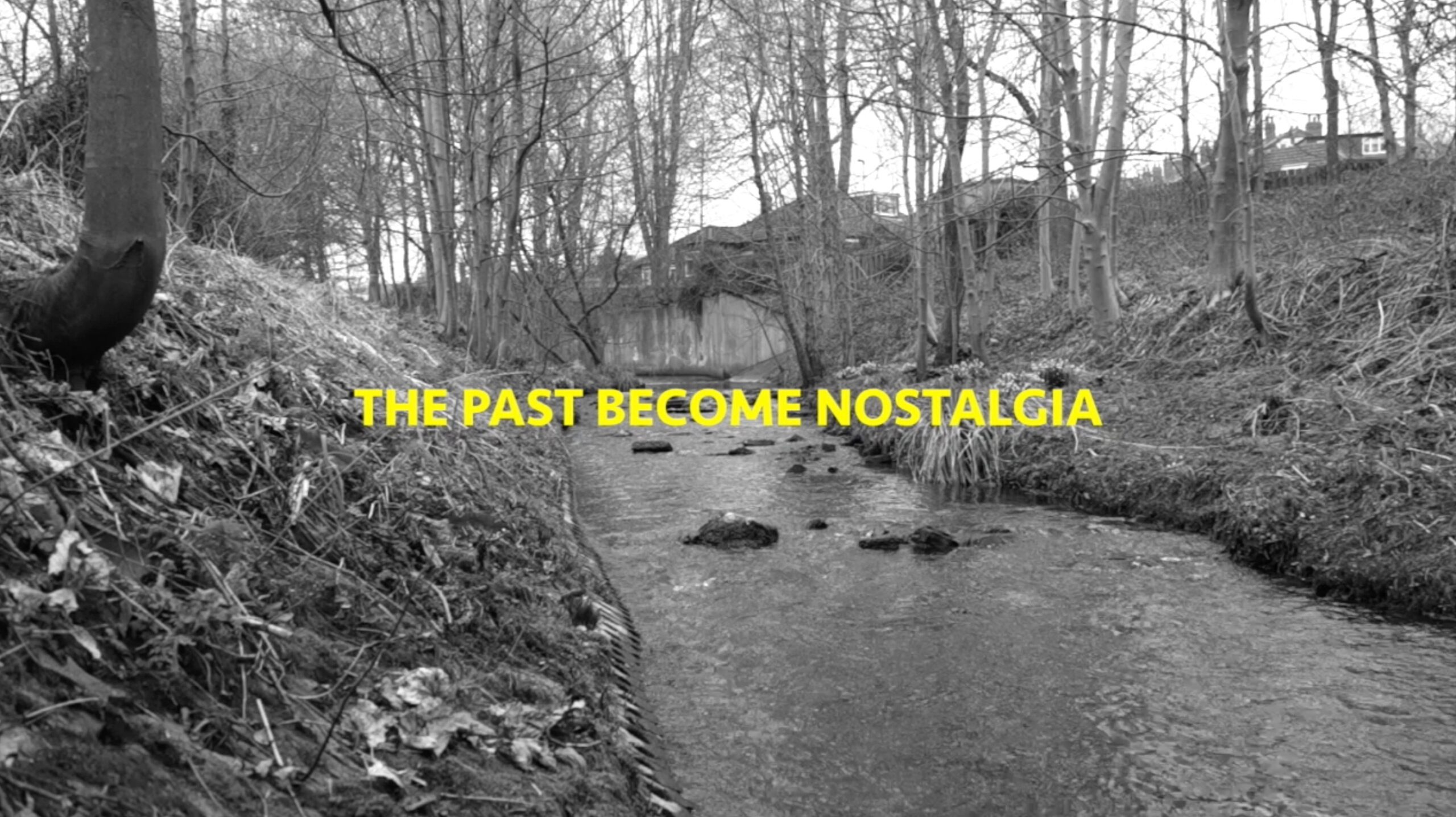 A black and white picture of a river in the wood, near habitation. In yellow Capitals there is a text on the top of the picture who said: THE PAST BECOME NOSTALGIA