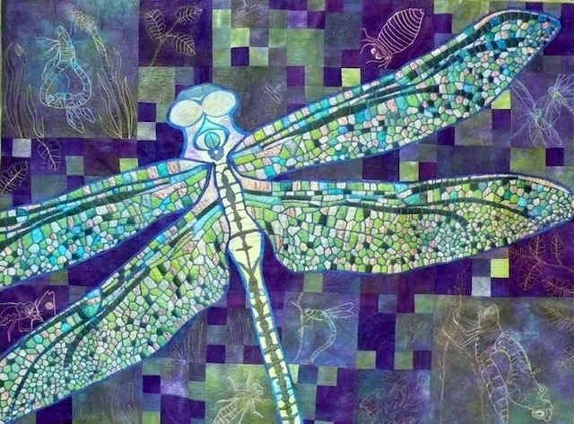 The dragonfly in shades of blue fills the frame, with mosaic-like wings. Even the background is made of squares of different blues, with faint outlines of bugs and insects.