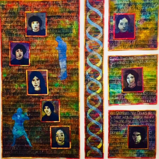 On the right are portraits of the artist’s great grandmother, grandmother and mother; on the left different stages in her own life. Written accounts form the background, only partly readable – the way history is. The two sides are divided by a spiral from top to bottom, like the DNA double helix.