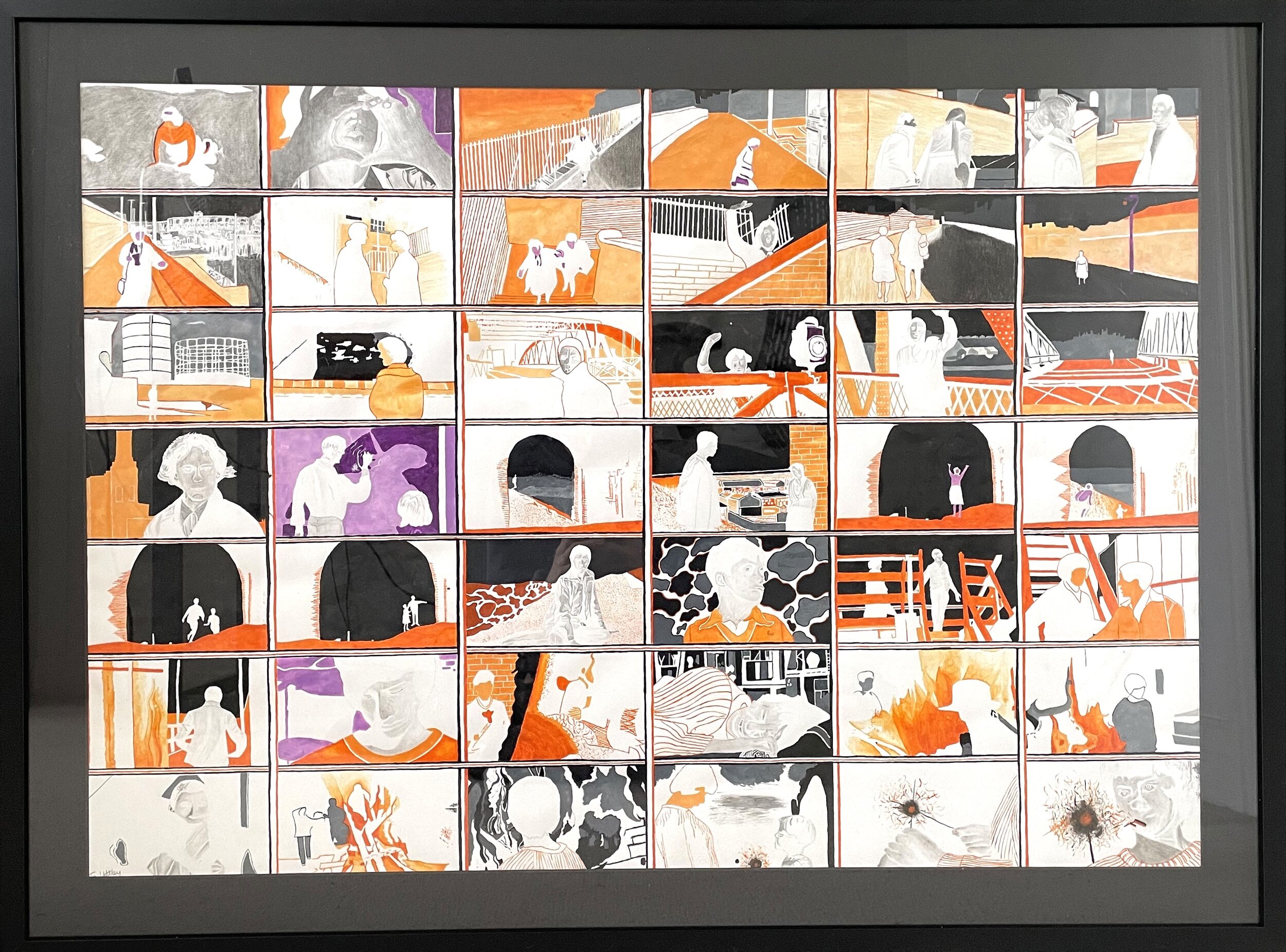A series of 42 35mm paintings in seven rows of 6 replicating the style of a roll of film. They are painted versions of stills from the film A Taste of Honey in chronological order with an orange, black and purple colour scheme.