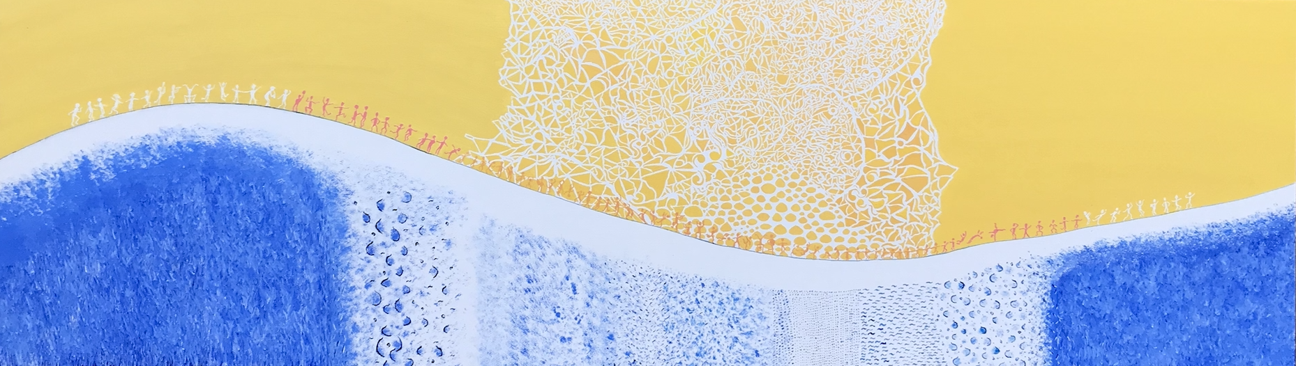 A horizontal oil painting containing one big blue wave on the lower half and a bright yellow sky on the upper half. On the wave is a line of small, intricately drawn dancing figures and in the middle of the painting shows a highly detailed pattern with an effect that looks similar to shattered glass.
