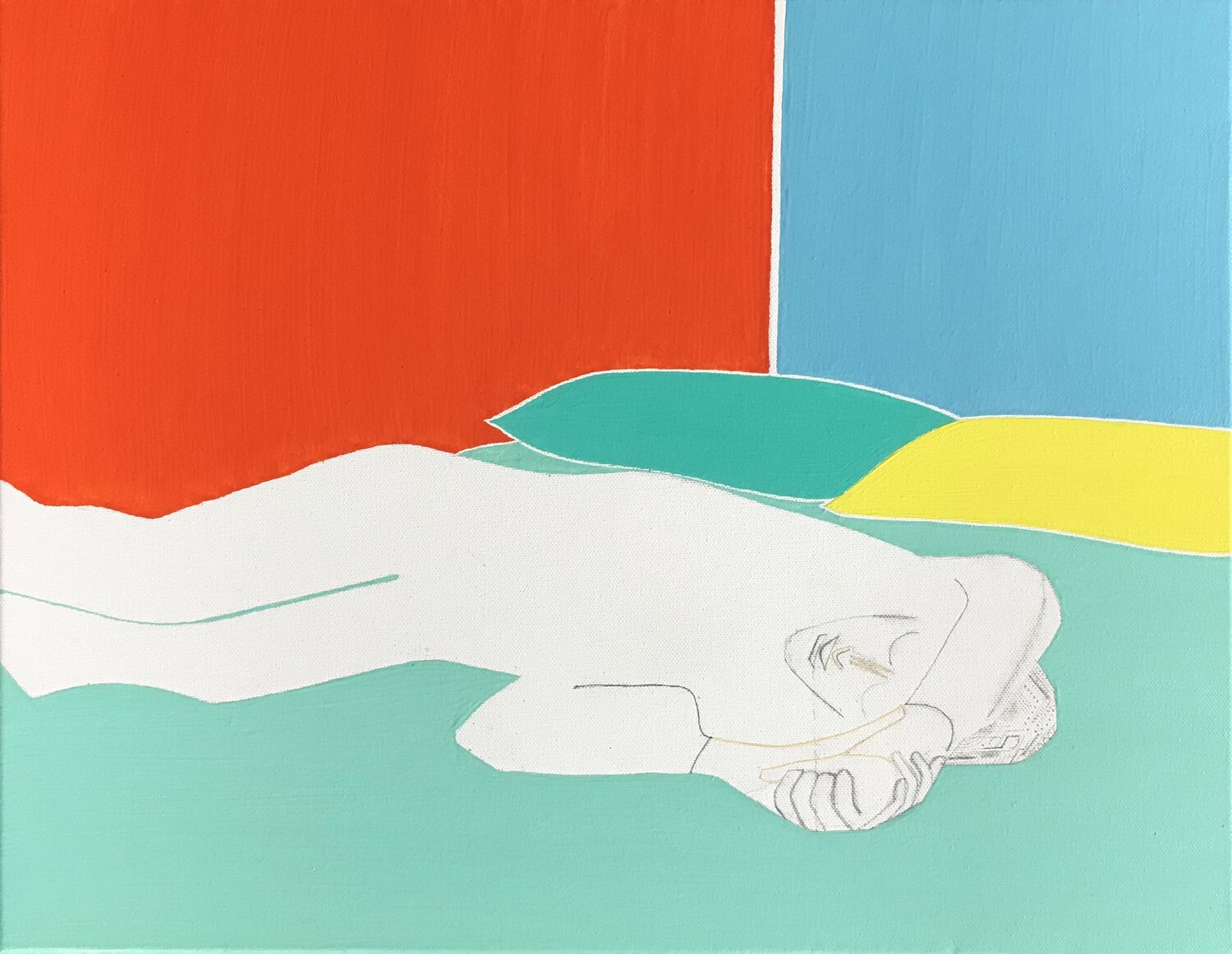 An oil painting depicting a boy lying on his bed upside down with his hands held together. The background has three blocks of colour, one green block for the bed and two for the walls in red and blue as well as two pillows. The colours are vivid and show in sharp contrast to the boy who is not painted in and is devoid of colour.