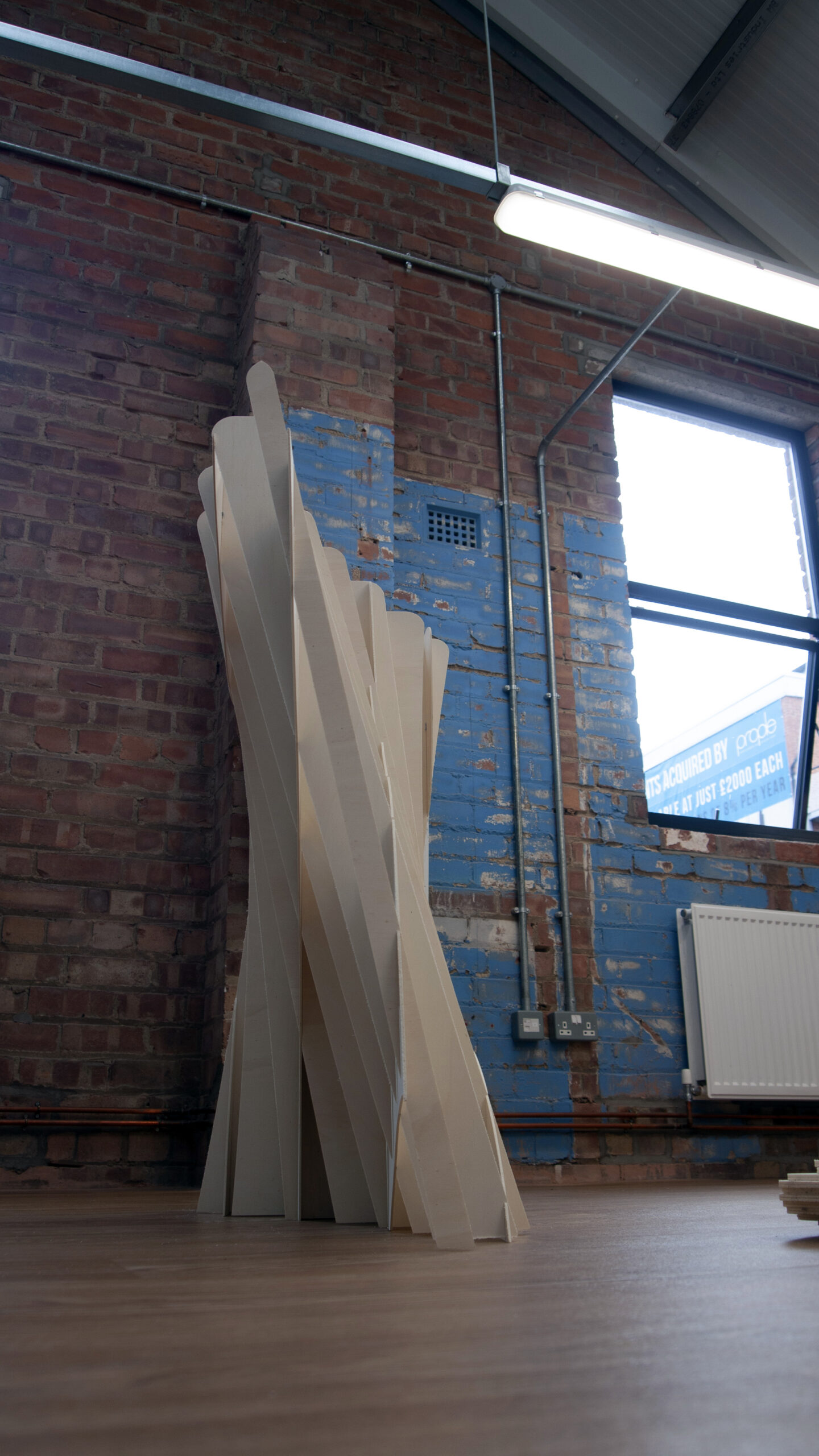 A sculpture photographed in a studio setting with a blue cupboard behind, the work is made out of plywood and is a layered sculpture designed to show twisting of the body connected to Tourettes