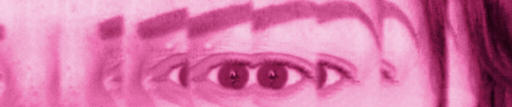 Crop of a black and white self portrait with a hot pink tint overlaid. The image shows the subjects eyes, multiple times, extended across eight strips vertically.